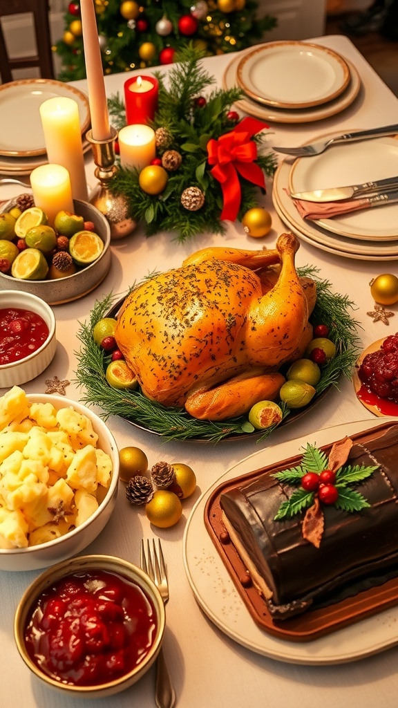 A festive Christmas dinner table with herb-roasted chicken, sides, and a chocolate yule log cake.